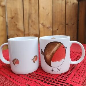 Red Robin Pair Of Mugs 11 oz  white porcelain, made in Poland